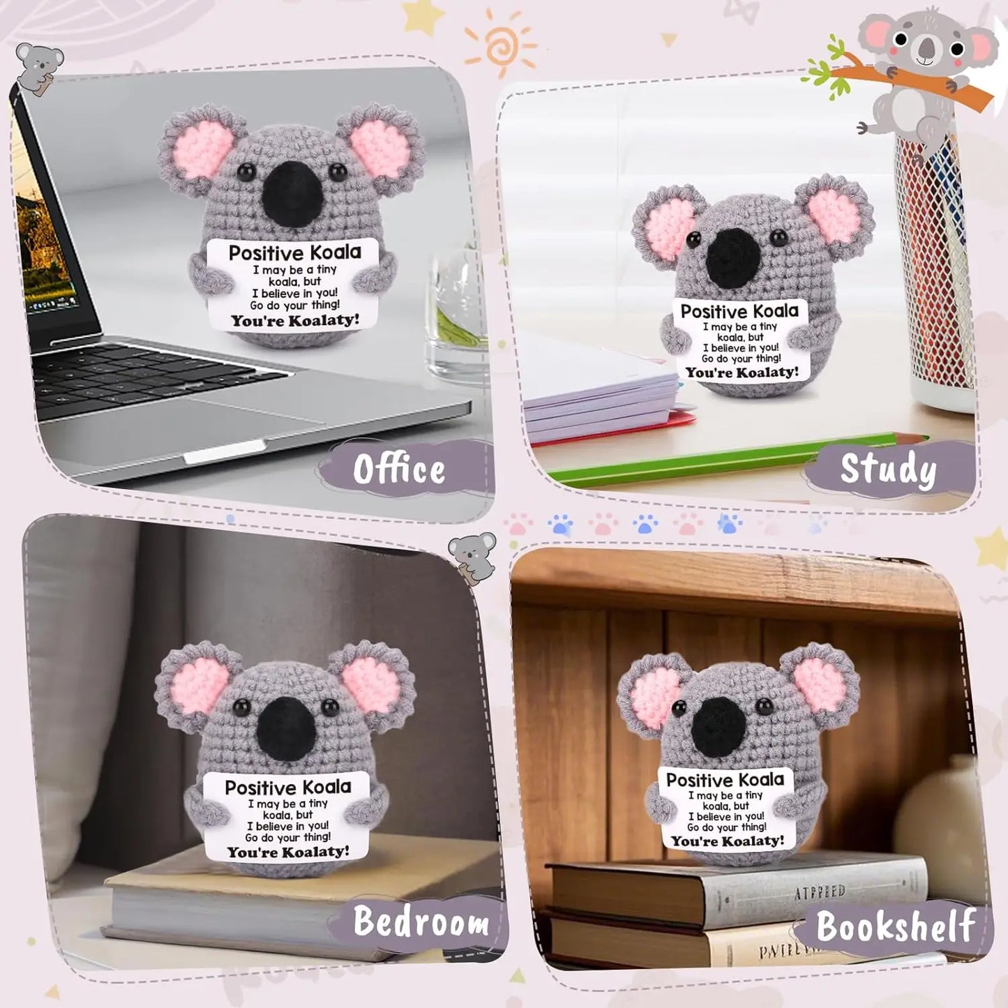 Handmade Crochet Koala Doll – Cute Knitted Animal with Positive Message Card for Home & Office Décor