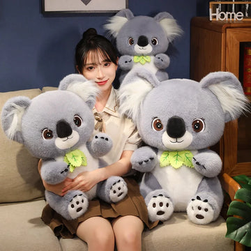 Big Cute Sitting Gray Koala With Leaves Plush Toys Simulation Australia Koala Stuffed Animal Soft Toys For Children Xmas Gifts