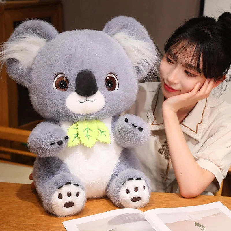 Big Cute Sitting Gray Koala With Leaves Plush Toys Simulation Australia Koala Stuffed Animal Soft Toys For Children Xmas Gifts