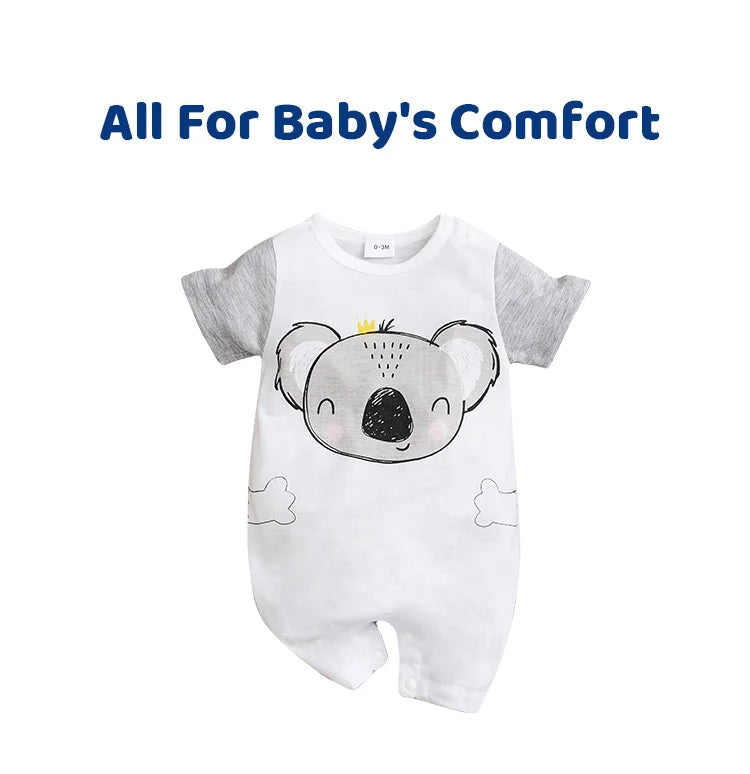 Newborn Baby Boy & Girl Grey Koala Print Romper – Summer Short Sleeve One-Piece (0-18 Months)