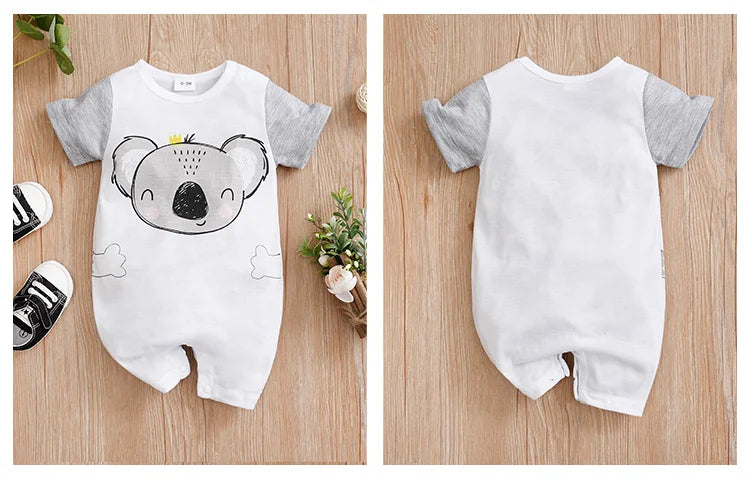 Newborn Baby Boy & Girl Grey Koala Print Romper – Summer Short Sleeve One-Piece (0-18 Months)