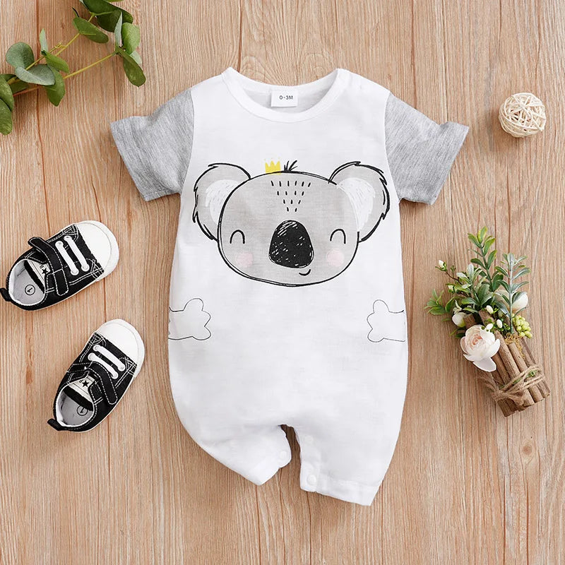 Newborn Baby Boy & Girl Grey Koala Print Romper – Summer Short Sleeve One-Piece (0-18 Months)