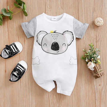 Newborn Baby Boy & Girl Grey Koala Print Romper – Summer Short Sleeve One-Piece (0-18 Months)
