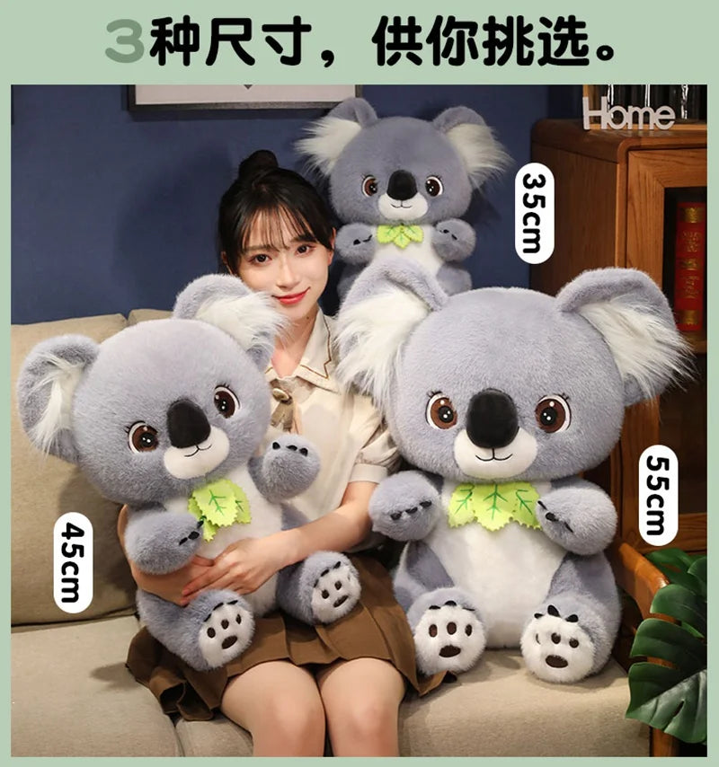 Big Cute Sitting Gray Koala With Leaves Plush Toys Simulation Australia Koala Stuffed Animal Soft Toys For Children Xmas Gifts