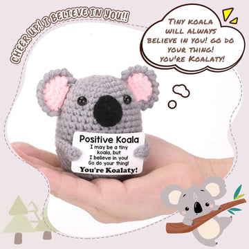 Handmade Crochet Koala Doll – Cute Knitted Animal with Positive Message Card for Home & Office Décor
