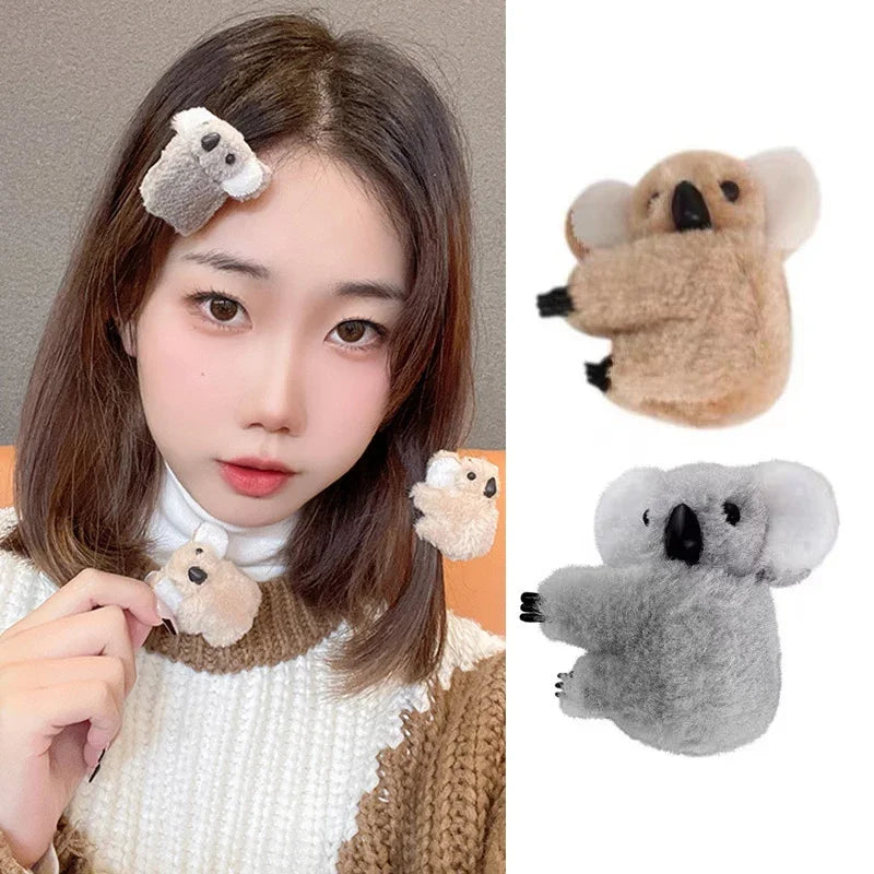 Cute 3D Plush Koala Hairpins & Claws – Soft Cartoon Animal Barrettes for Women & Girls