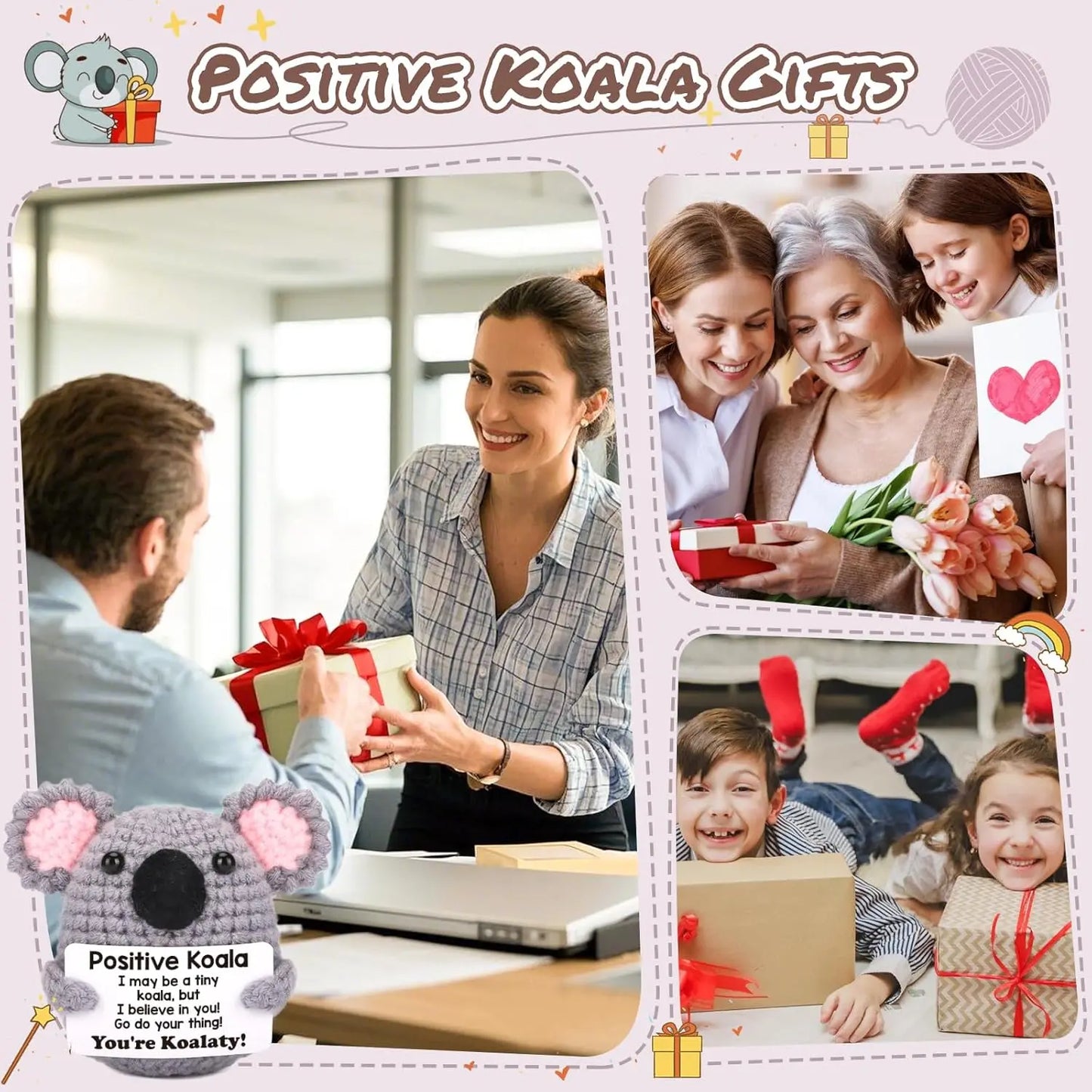 Handmade Crochet Koala Doll – Cute Knitted Animal with Positive Message Card for Home & Office Décor