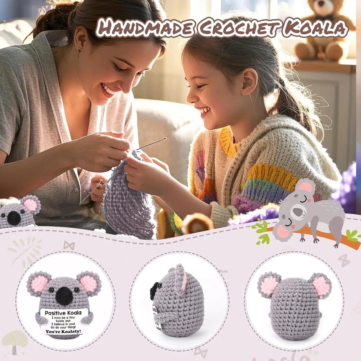 Handmade Crochet Koala Doll – Cute Knitted Animal with Positive Message Card for Home & Office Décor
