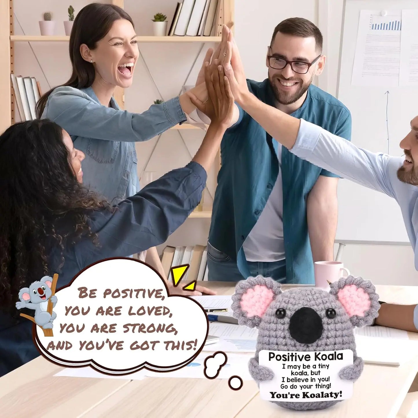 Handmade Crochet Koala Doll – Cute Knitted Animal with Positive Message Card for Home & Office Décor
